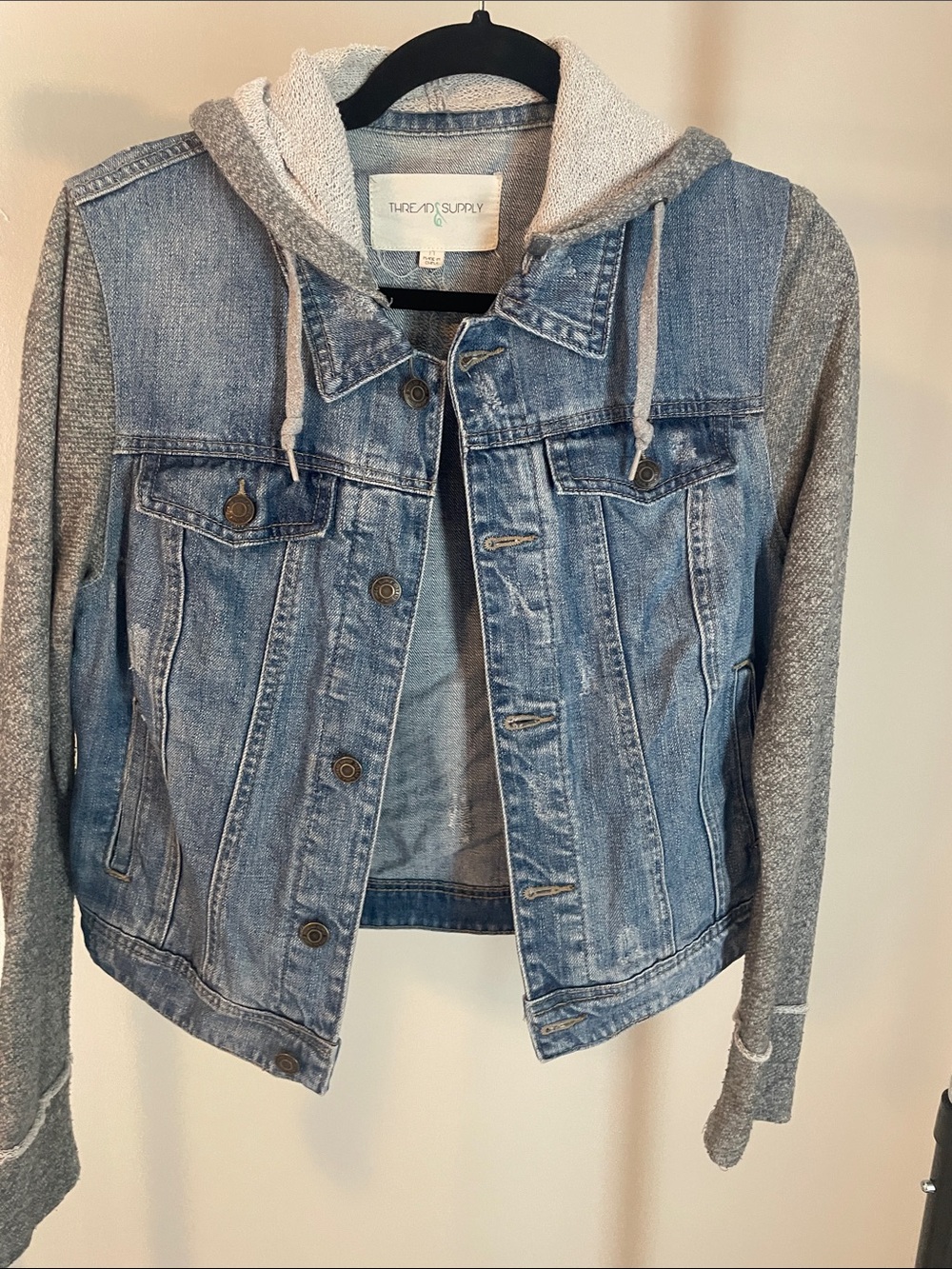 Thread & Supply Light Blue Denim Jacket with Gray removable Hoodie
